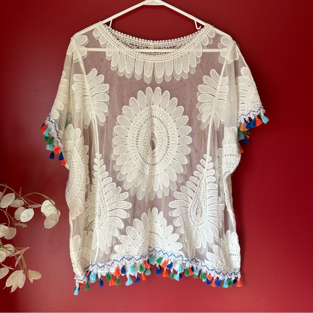 India Boutique white swimsuit coverup with orange, green, blue Pom poms.